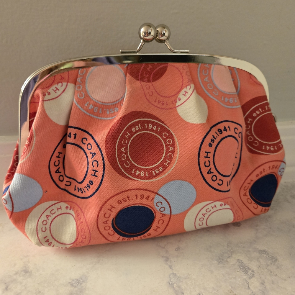 COACH Coral Polka Dot Kiss-Lock XL Cosmetic Pouch